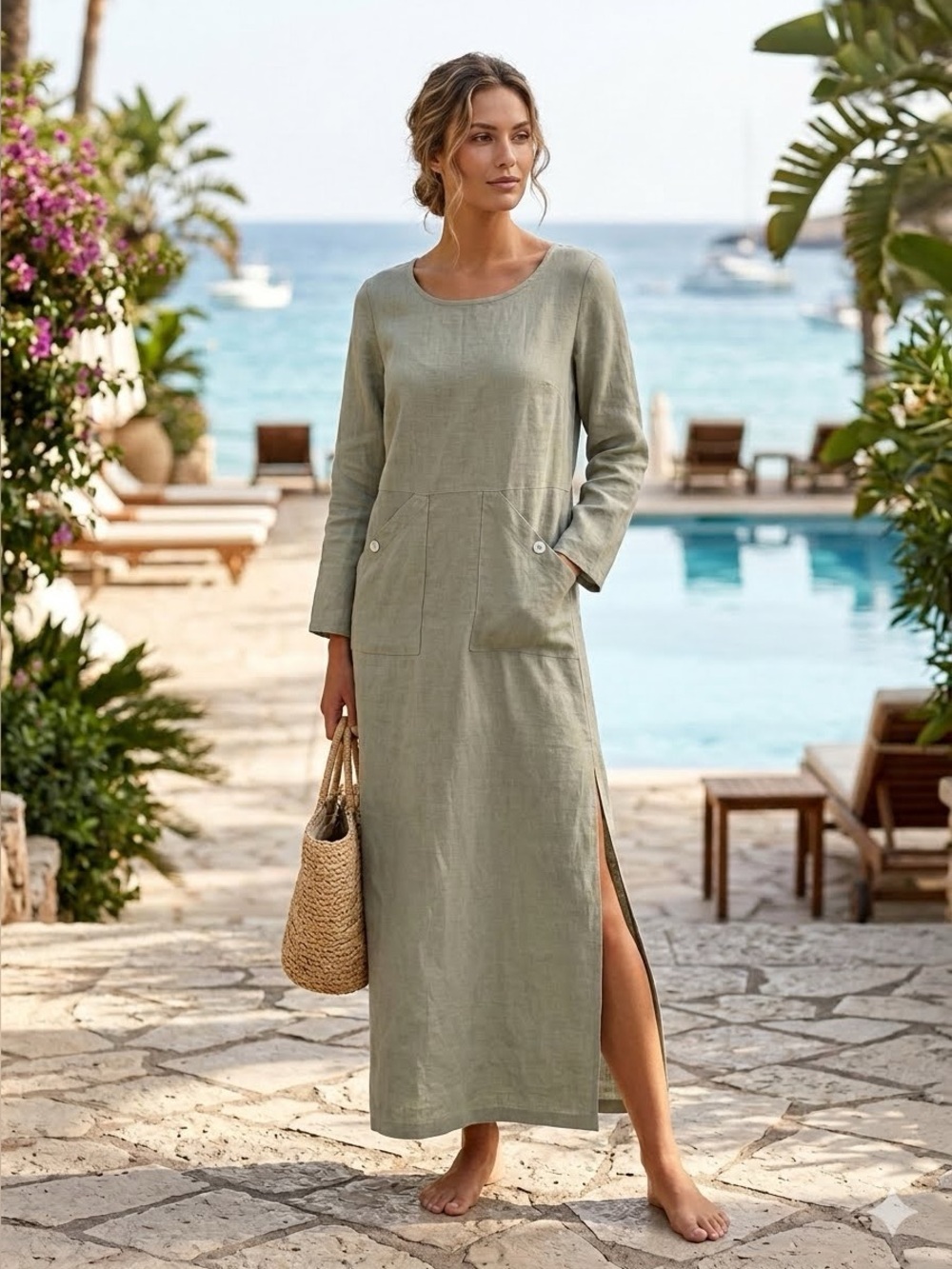 VTG 100% Linen Long Sleeve Shift Dress W/Side Splits and Pockets Green Size S/M